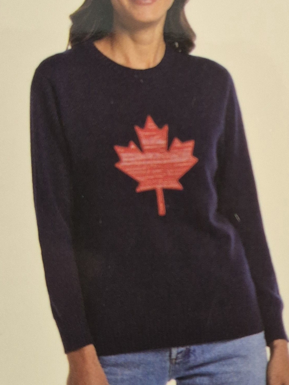 Weatherproof Navy Crewneck Sweater with Red Maple Leaf